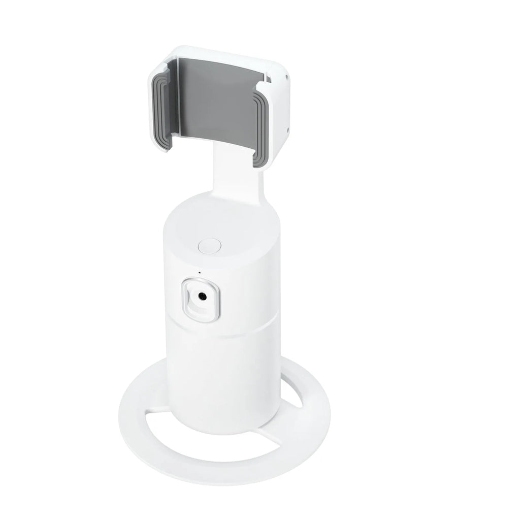 Black, pink, or white smartphone tracking gimbal with 360-degree rotation on a desk.