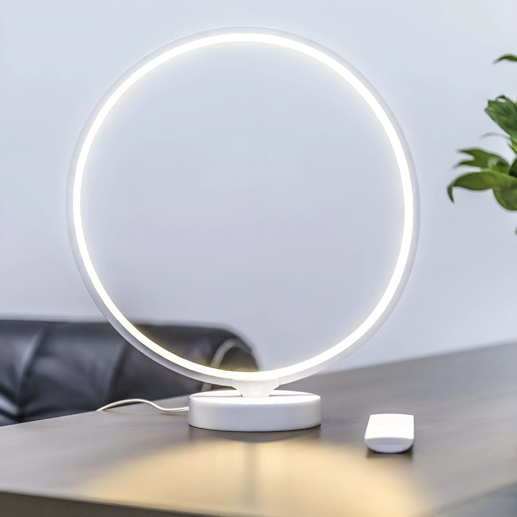 White Full Moon table lamp with remote control showing adjustable colour temperature and RGBW lighting options