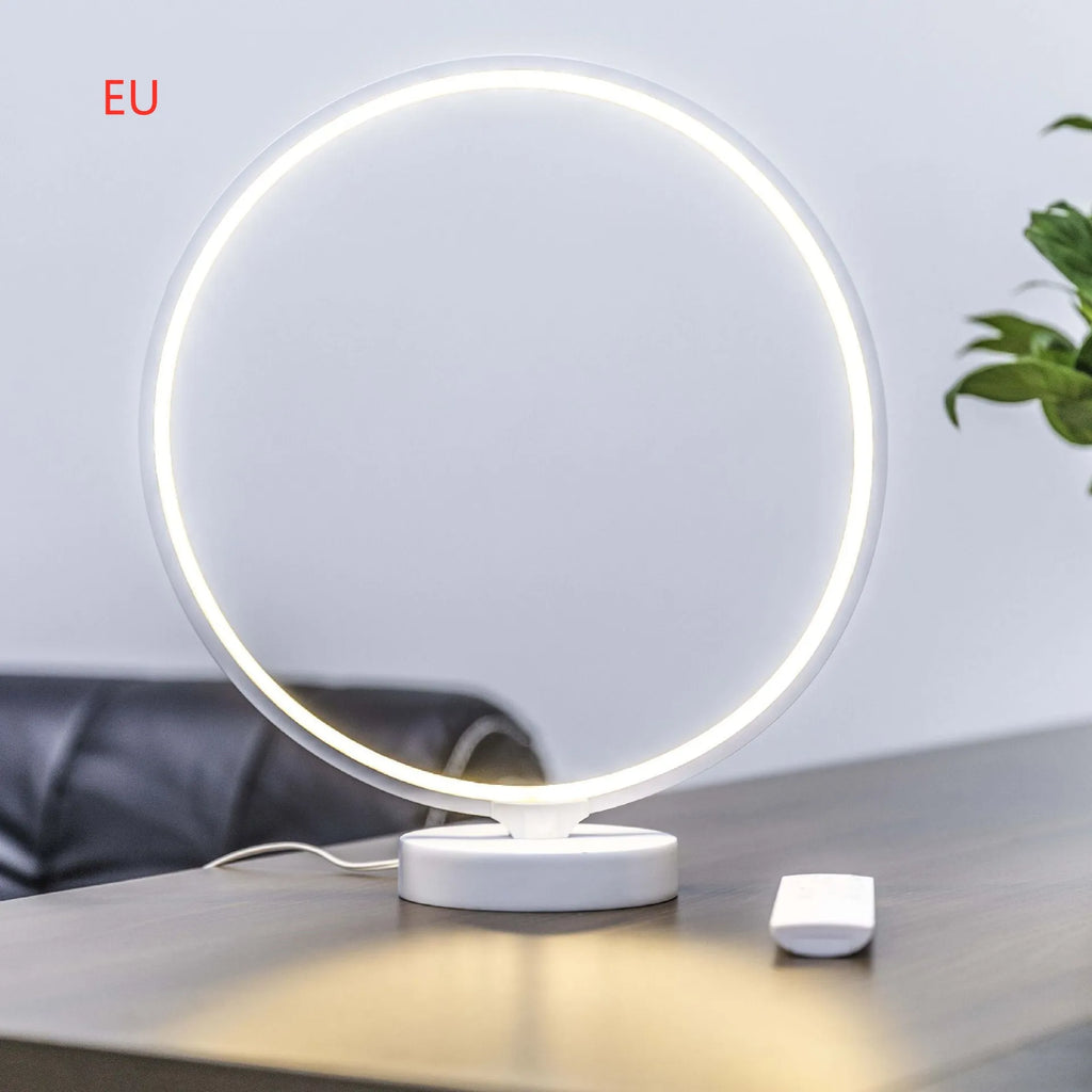White Full Moon table lamp with remote control showing adjustable colour temperature and RGBW lighting options