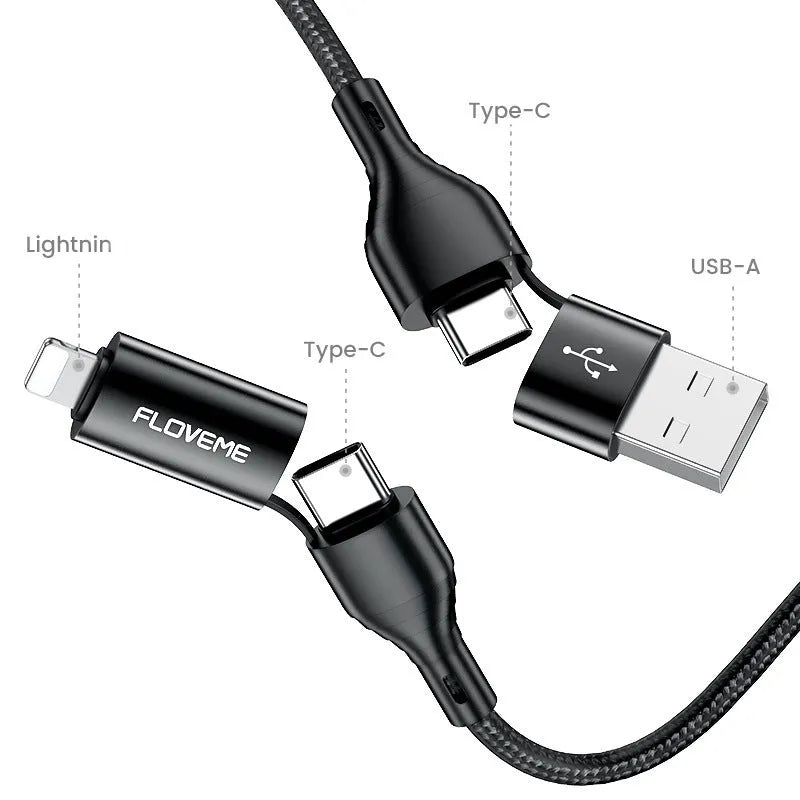 Black braided 4-in-1 fast charging data cable showing USB-A, USB-C, and Lightning connectors