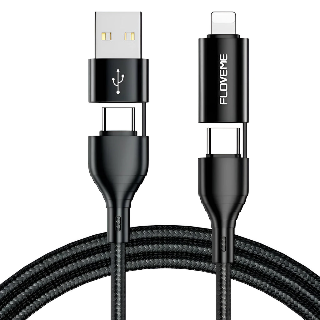 Black braided 4-in-1 fast charging data cable showing USB-A, USB-C, and Lightning connectors