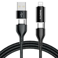 Black braided 4-in-1 fast charging data cable showing USB-A, USB-C, and Lightning connectors