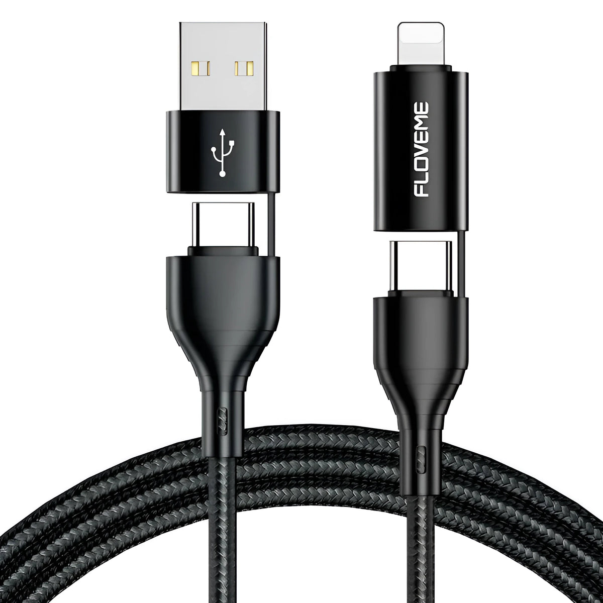 Black braided 4-in-1 fast charging data cable showing USB-A, USB-C, and Lightning connectors
