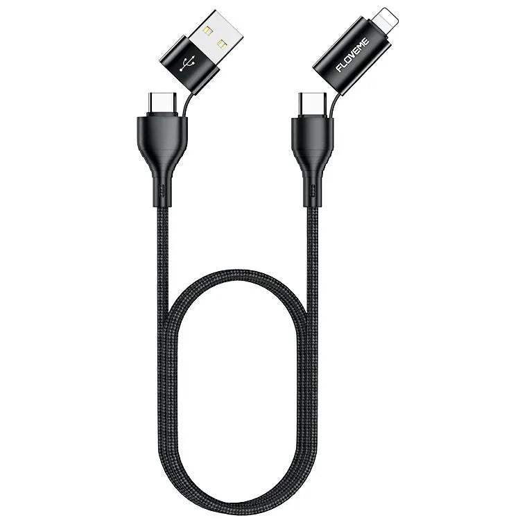 Black braided 4-in-1 fast charging data cable showing USB-A, USB-C, and Lightning connectors