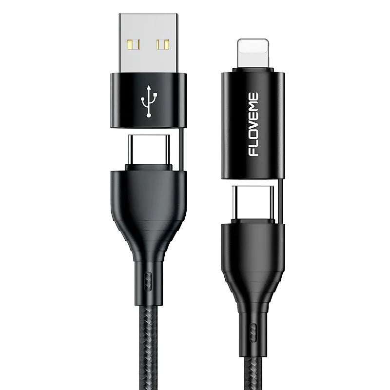 Black braided 4-in-1 fast charging data cable showing USB-A, USB-C, and Lightning connectors