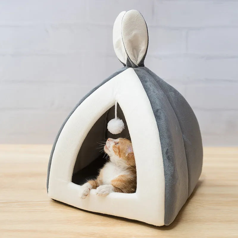Grey soft cloth cat house dog kennel villa pet bed in size L