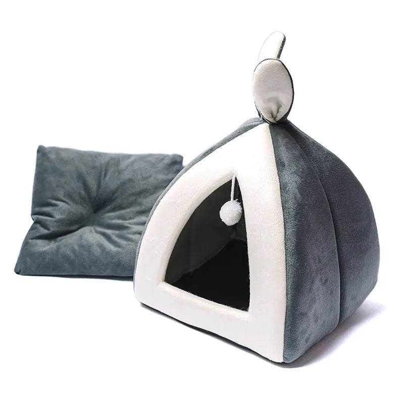 Grey soft cloth cat house dog kennel villa pet bed in size L