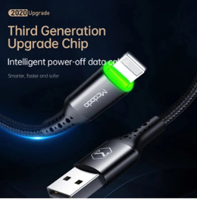 Black iPhone charging cable with LED indicator lights showing smart power-off technology