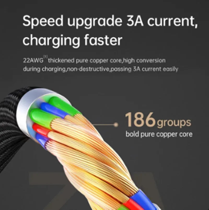 Black iPhone charging cable with LED indicator lights showing smart power-off technology