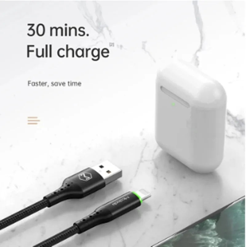 Black iPhone charging cable with LED indicator lights showing smart power-off technology