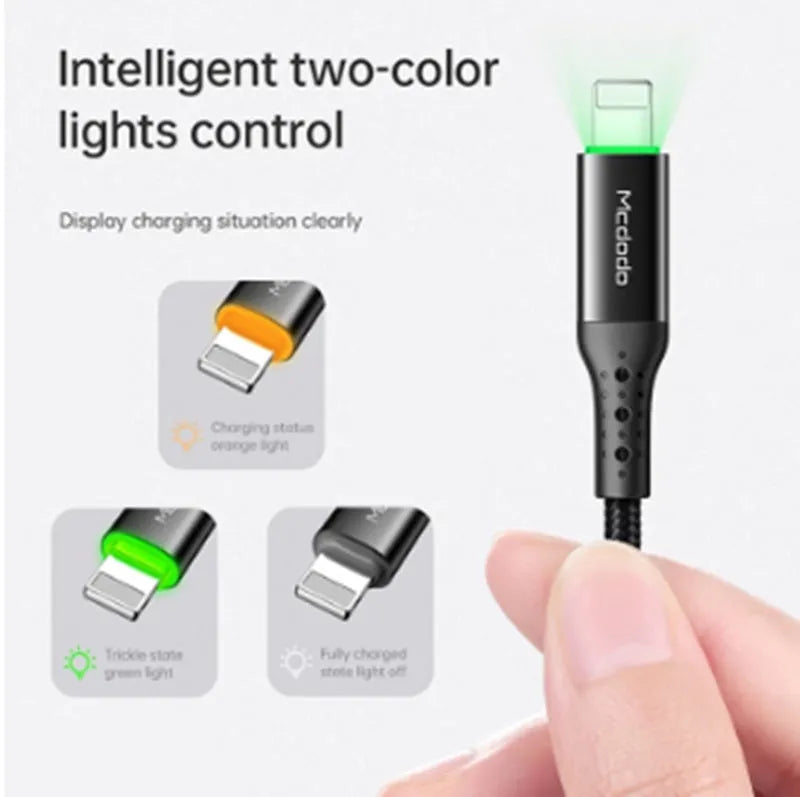 Black iPhone charging cable with LED indicator lights showing smart power-off technology