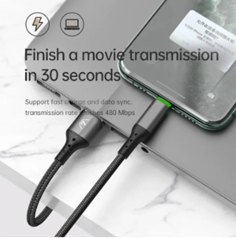 Black iPhone charging cable with LED indicator lights showing smart power-off technology