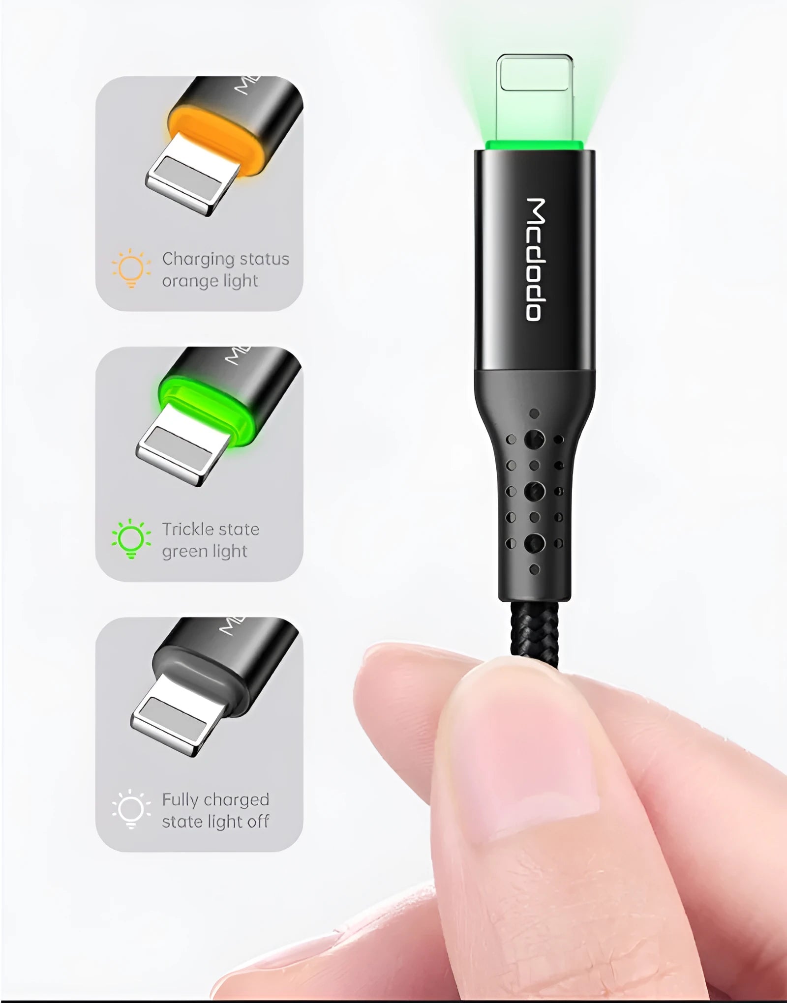 Black iPhone charging cable with LED indicator lights showing smart power-off technology