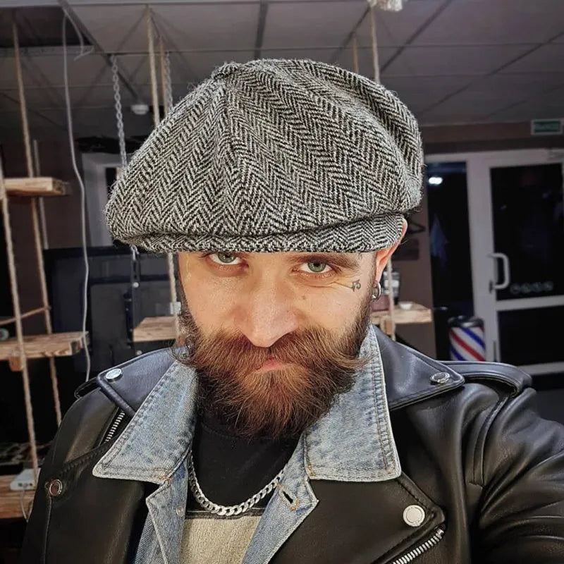 Herringbone wool newsboy cap men unisex plaid flat headwear black adjustable