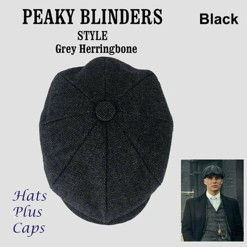 Herringbone wool newsboy cap men unisex plaid flat headwear black adjustable