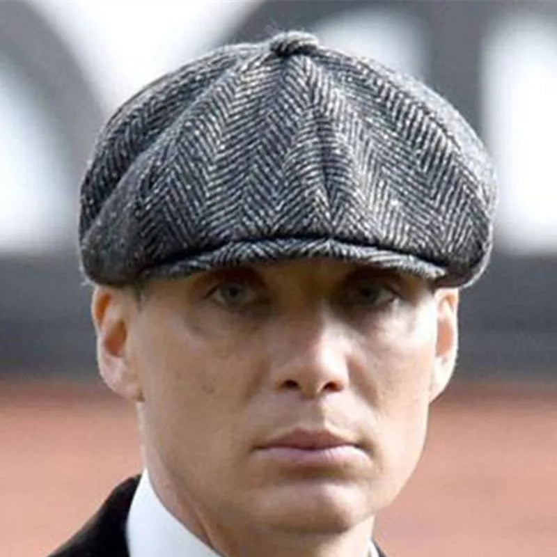Herringbone wool newsboy cap men unisex plaid flat headwear black adjustable