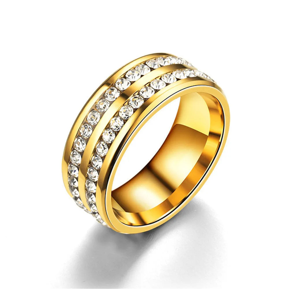Stainless steel geometric couple ring with diamond-cut finish and alloy inlaid gems, men's and women's styles available in sizes 6-13