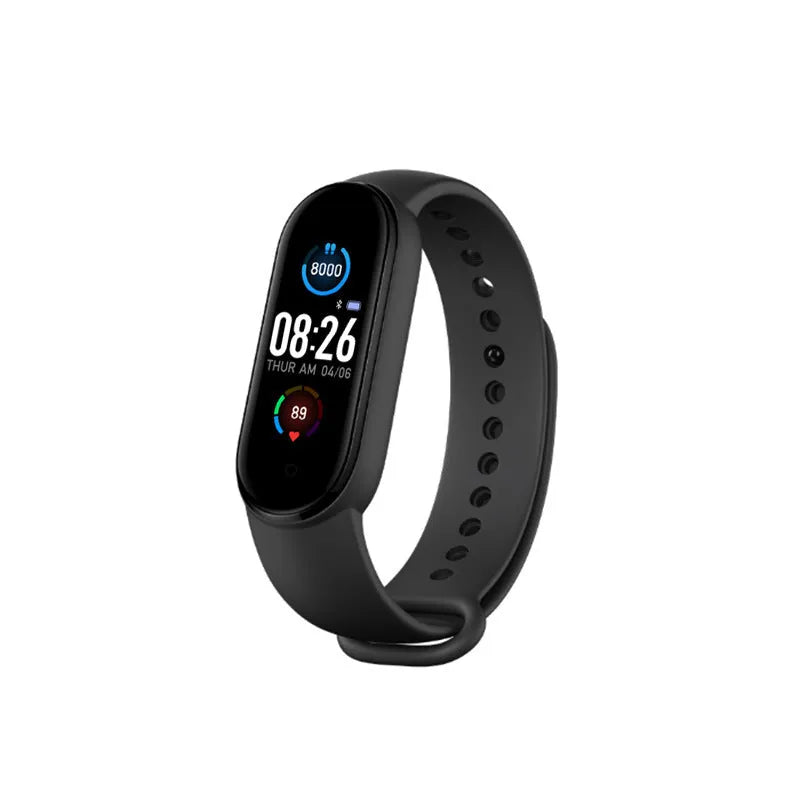 M5 smart sports bracelet with touch screen on a wrist, showing heart rate data. Available in black, blue, and red.