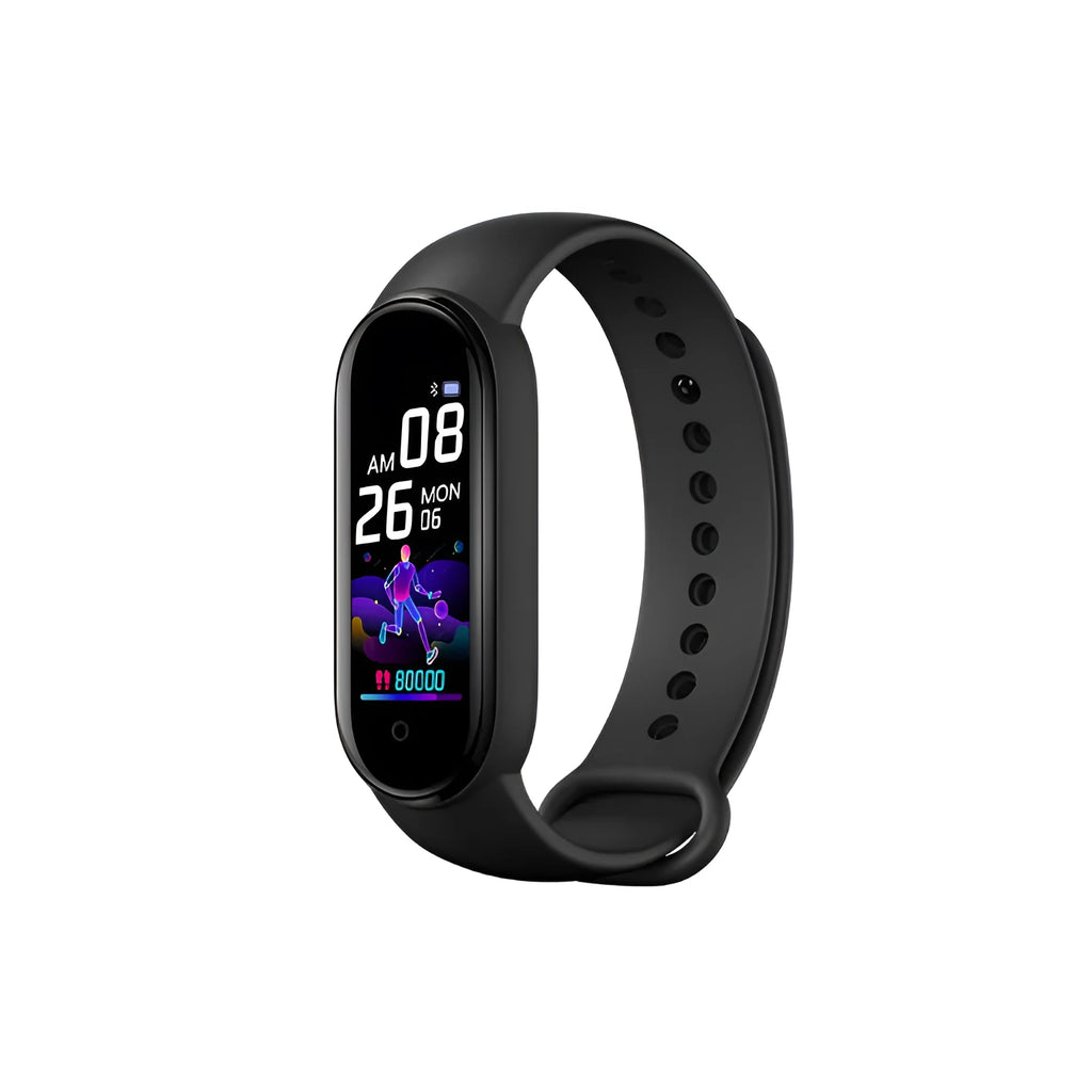 M5 smart sports bracelet with touch screen on a wrist, showing heart rate data. Available in black, blue, and red.