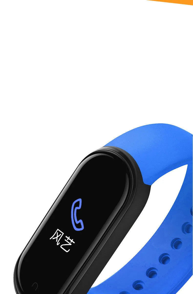 M5 smart sports bracelet with touch screen on a wrist, showing heart rate data. Available in black, blue, and red.