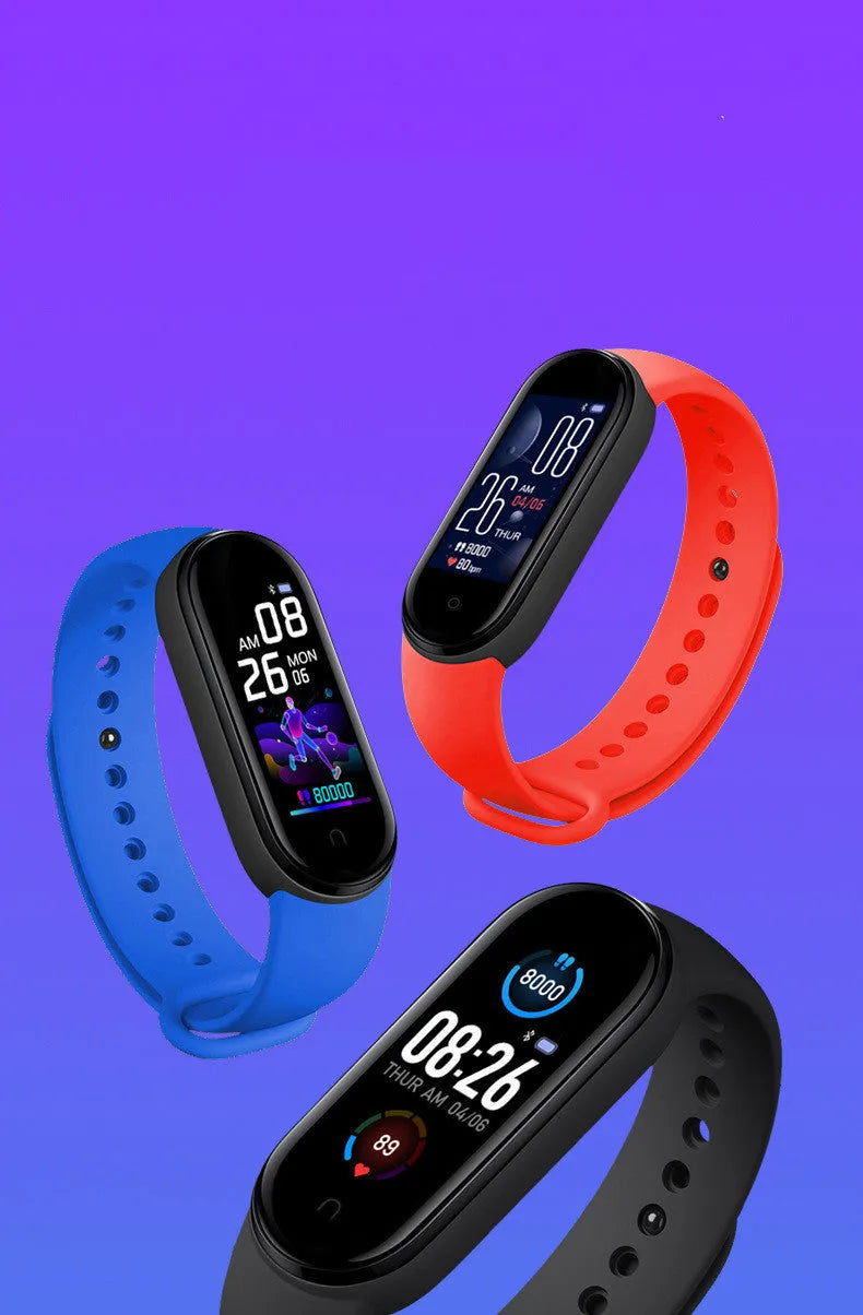 M5 smart sports bracelet with touch screen on a wrist, showing heart rate data. Available in black, blue, and red.