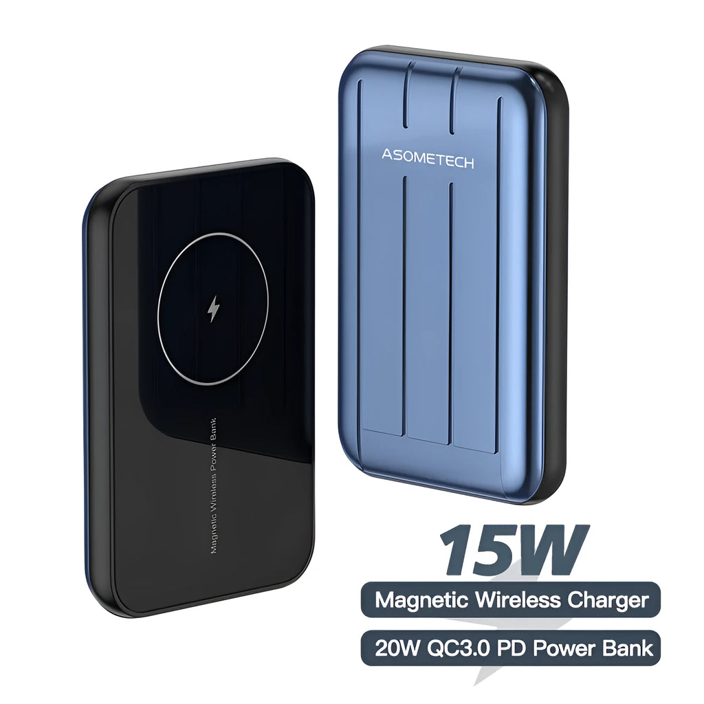 Blue magnetic wireless power bank for iPhone 12 showing USB charging port and magnetic charging surface