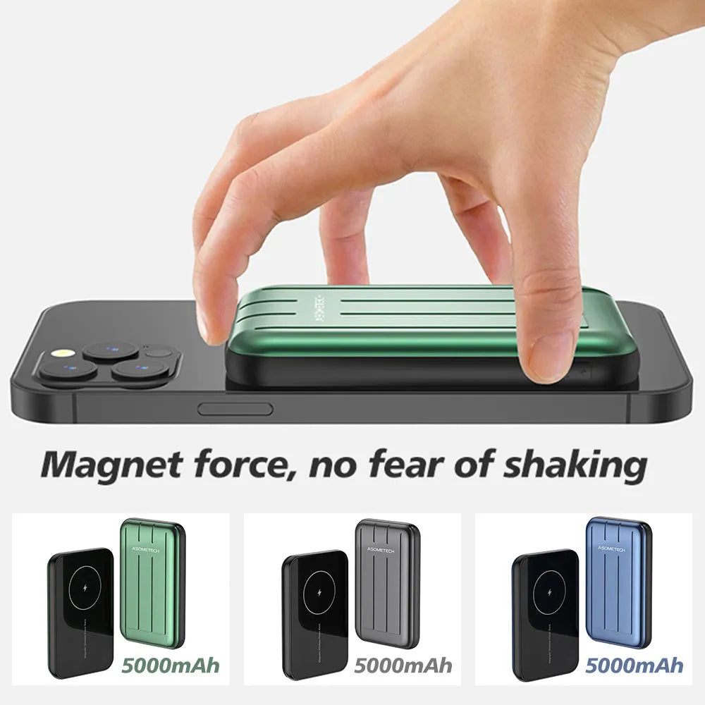 Blue magnetic wireless power bank for iPhone 12 showing USB charging port and magnetic charging surface