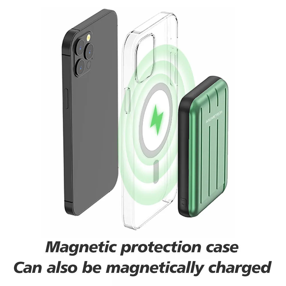 Blue magnetic wireless power bank for iPhone 12 showing USB charging port and magnetic charging surface