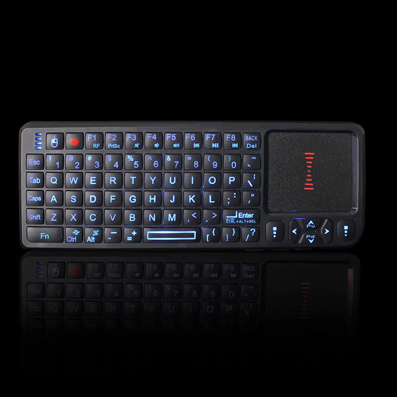 Black wireless mini keyboard with touch screen and mouse, measuring 151mm long.