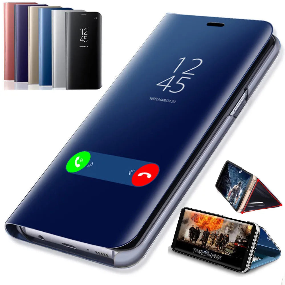Samsung Galaxy mirror flip phone case in black showing kickstand open and mirror on front cover.