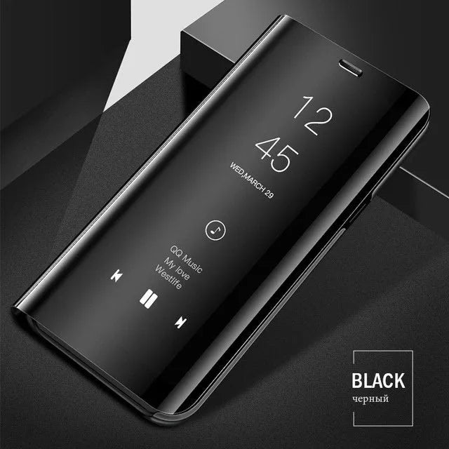 Samsung Galaxy mirror flip phone case in black showing kickstand open and mirror on front cover.