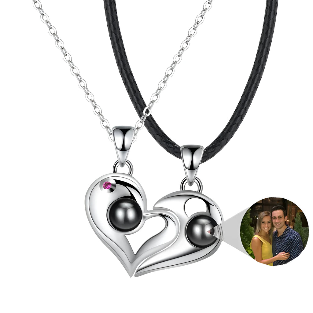 925 silver heart-shaped photo projection couple necklace with silver finish