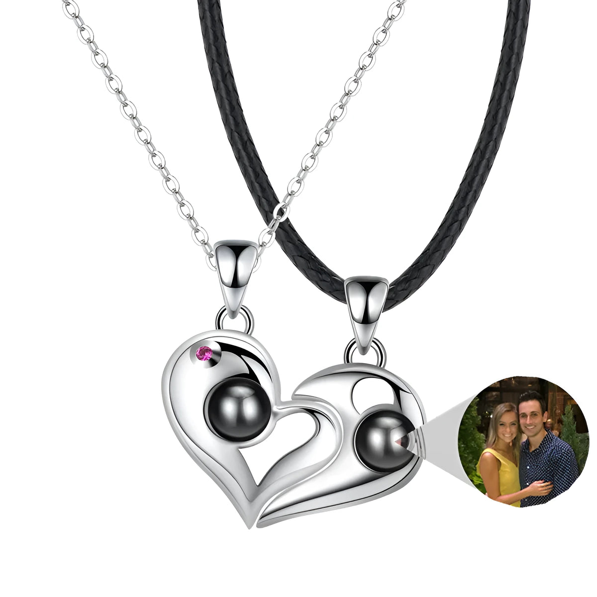 925 silver heart-shaped photo projection couple necklace with silver finish