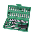 Green plastic case containing 46-piece car repair tool set with sockets, ratchet and L-shaped wrenches