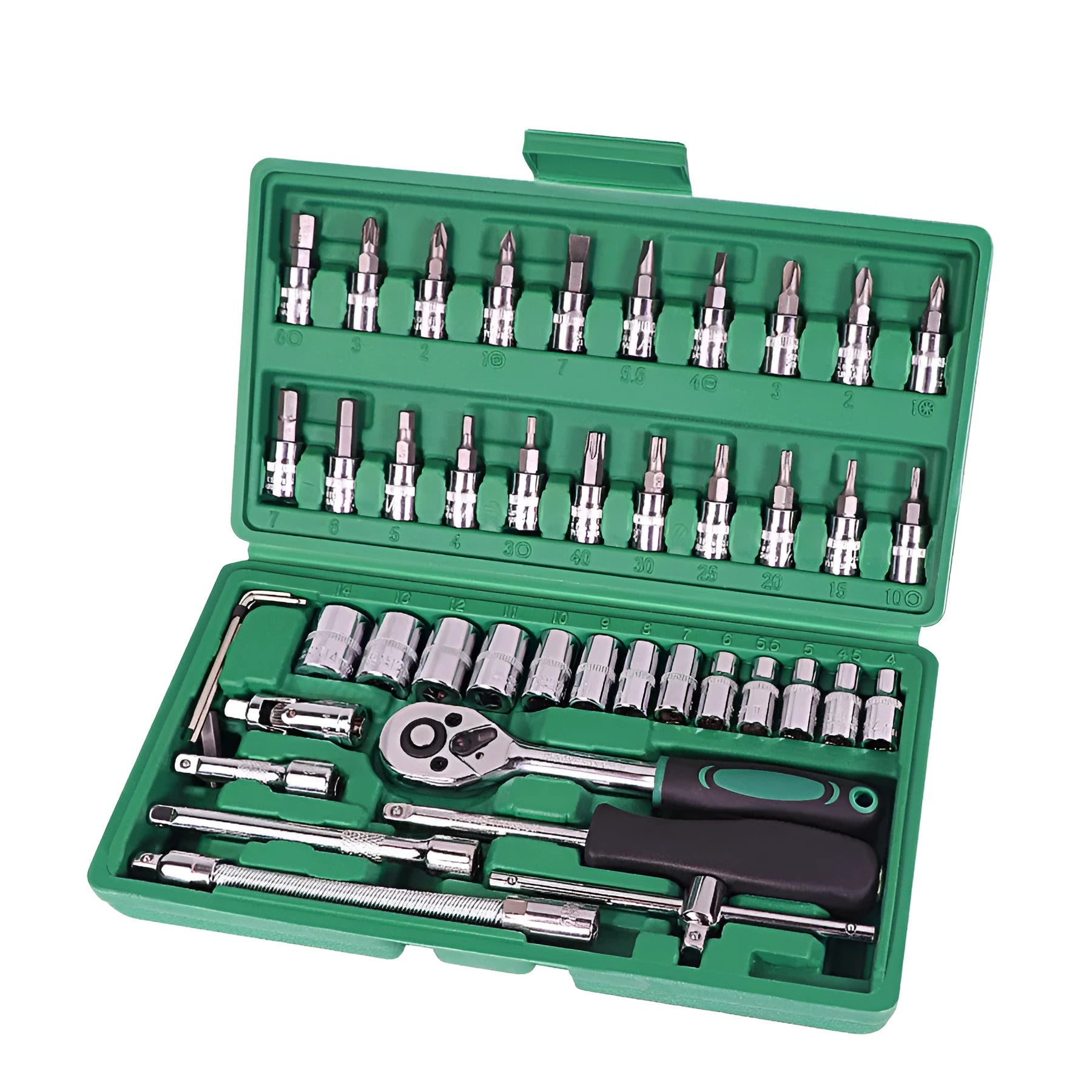 Green plastic case containing 46-piece car repair tool set with sockets, ratchet and L-shaped wrenches