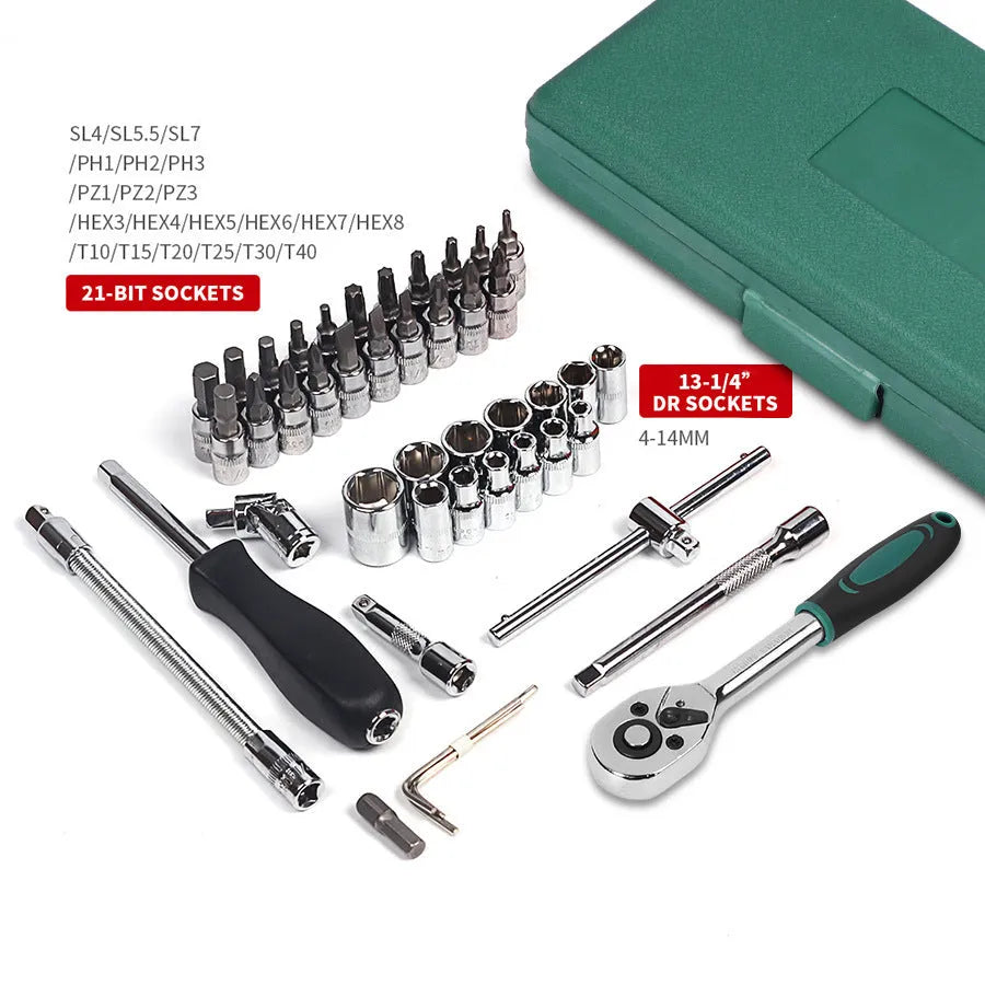 Green plastic case containing 46-piece car repair tool set with sockets, ratchet and L-shaped wrenches
