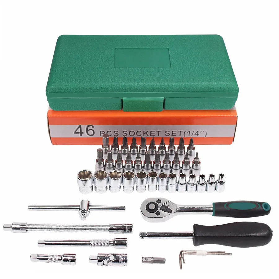 Green plastic case containing 46-piece car repair tool set with sockets, ratchet and L-shaped wrenches