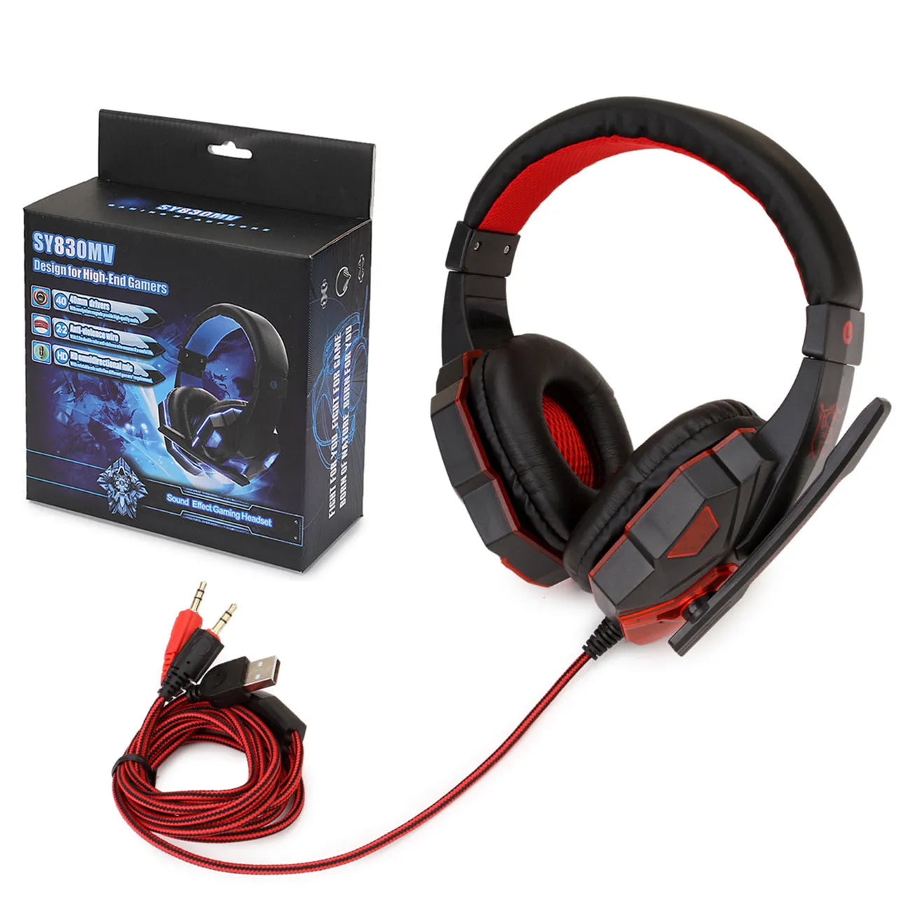 Wired gaming headset for PC with braided cable, tanned leather earmuffs, and light-up accents in three colour options