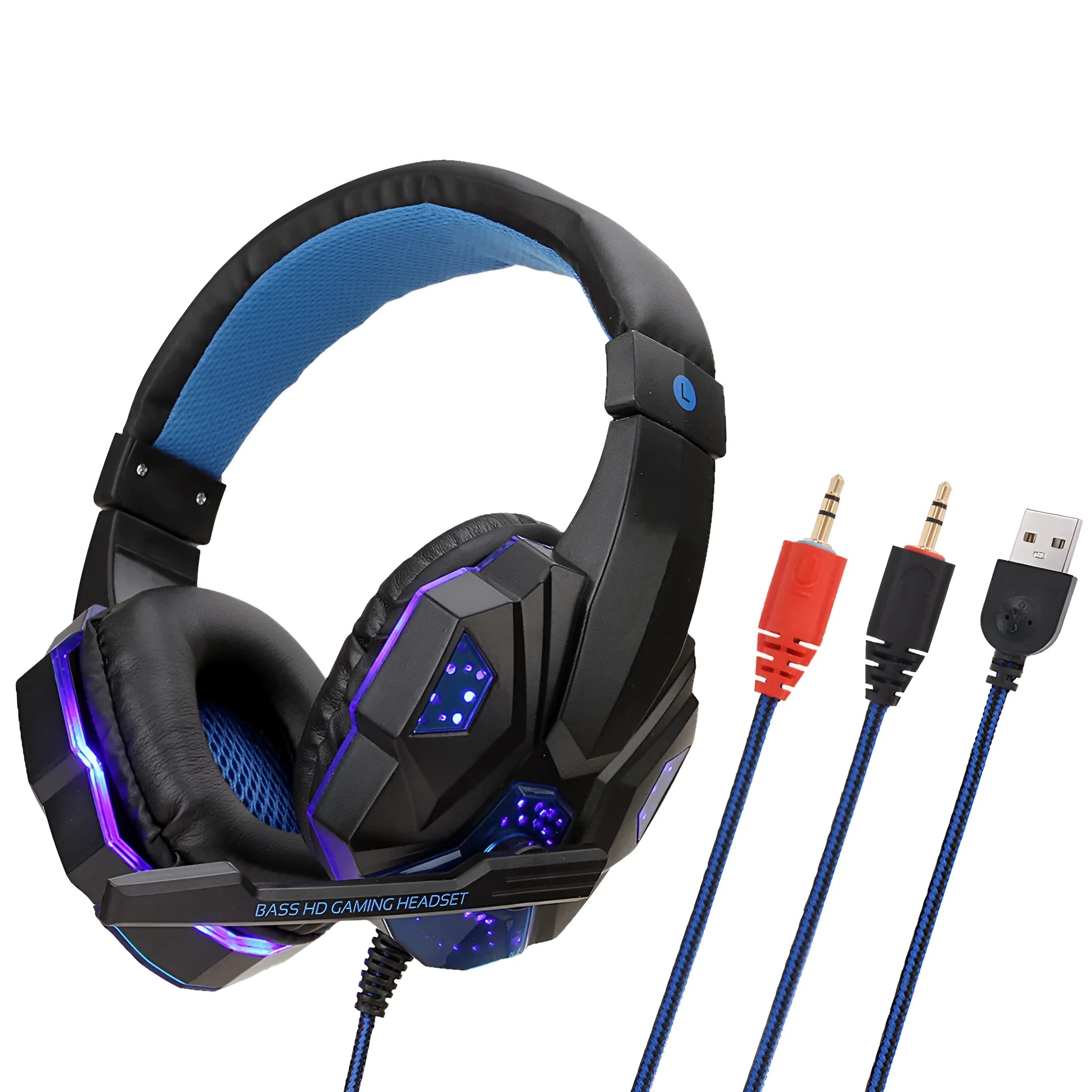 Wired gaming headset for PC with braided cable, tanned leather earmuffs, and light-up accents in three colour options