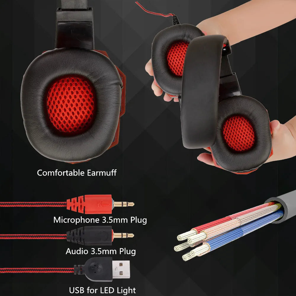 Wired gaming headset for PC with braided cable, tanned leather earmuffs, and light-up accents in three colour options