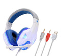 Wired gaming headset for PC with braided cable, tanned leather earmuffs, and light-up accents in three colour options