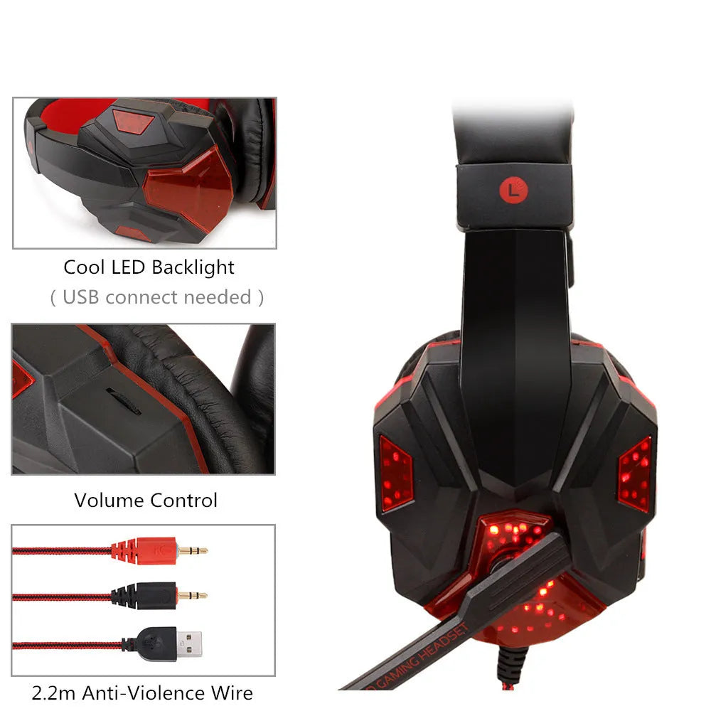 Wired gaming headset for PC with braided cable, tanned leather earmuffs, and light-up accents in three colour options
