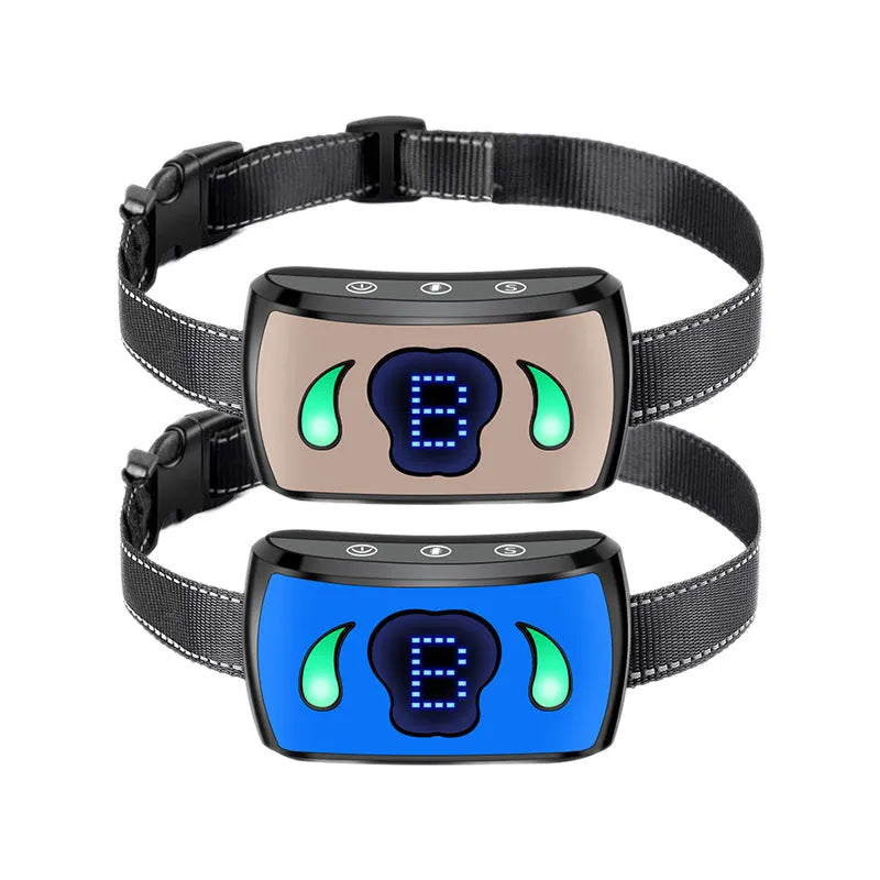 Rechargeable waterproof dog training collar with USB charging, available in five colours, ABS housing.