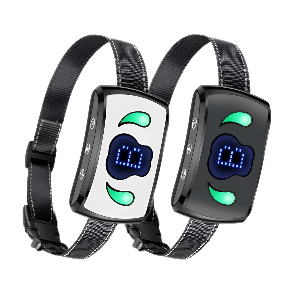 Rechargeable waterproof dog training collar with USB charging, available in five colours, ABS housing.