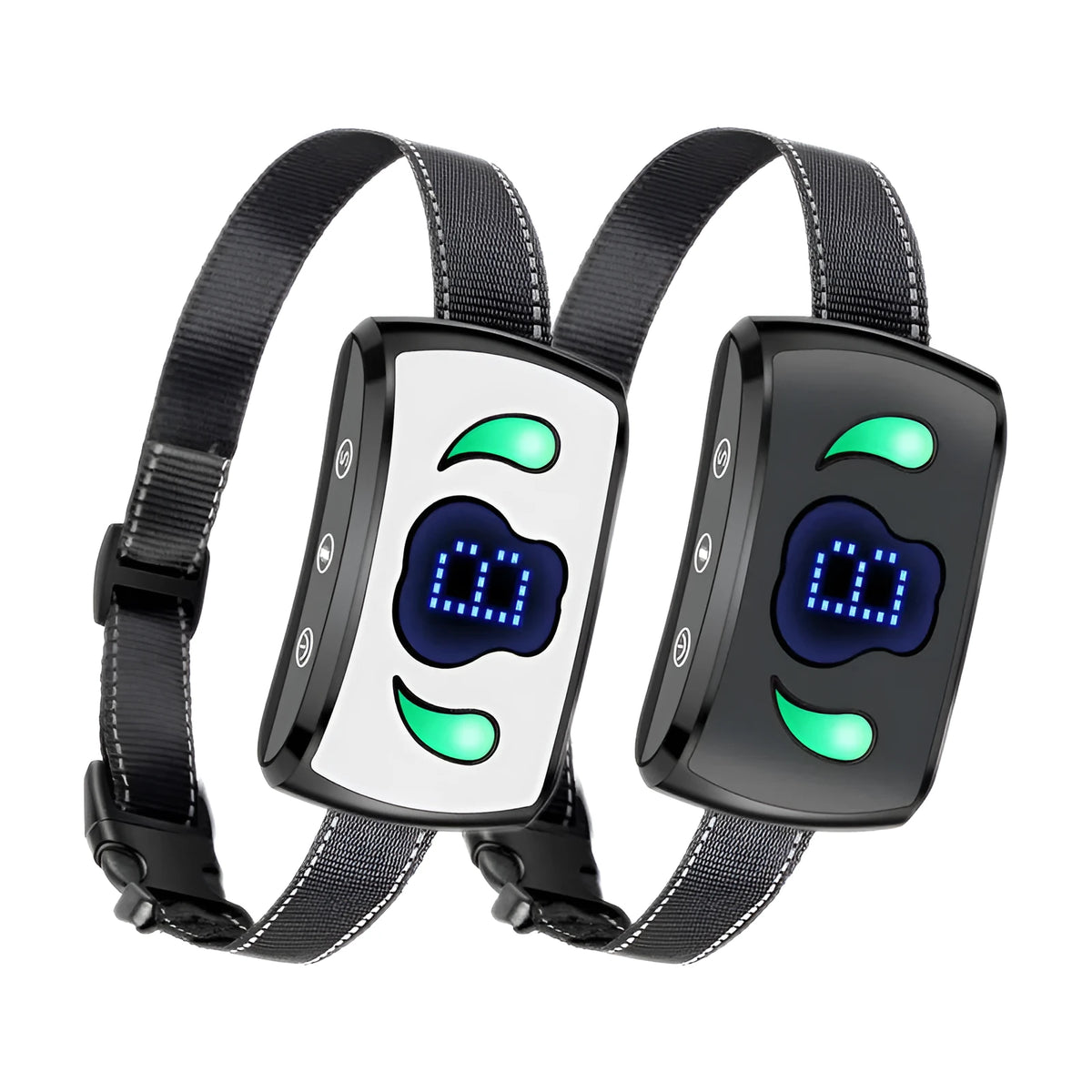 Rechargeable waterproof dog training collar with USB charging, available in five colours, ABS housing.