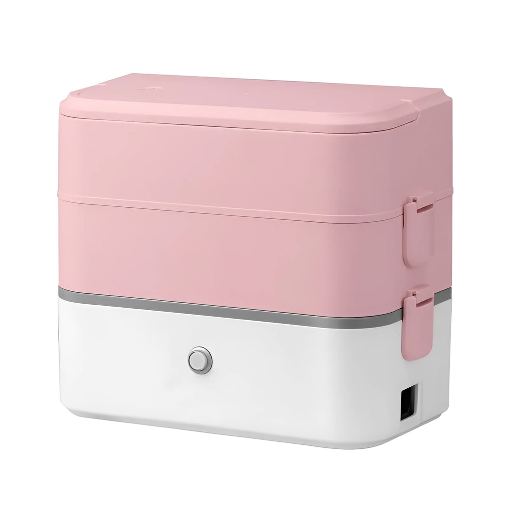Double-layer portable heated lunch box with stainless steel liner in green, grey, or pink colour options