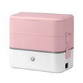 Double-layer portable heated lunch box with stainless steel liner in green, grey, or pink colour options