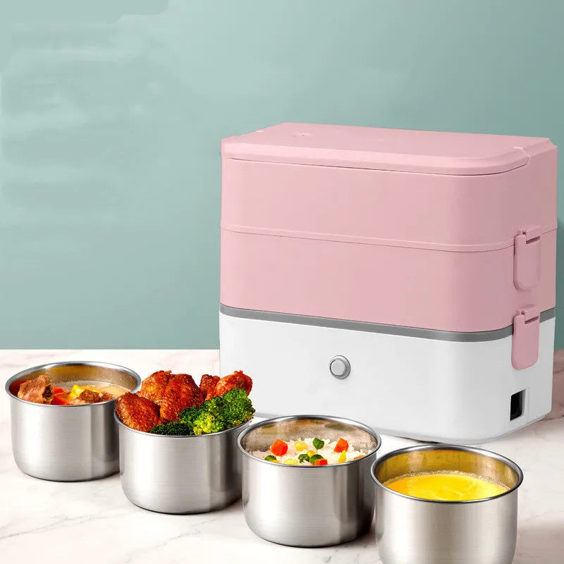 Double-layer portable heated lunch box with stainless steel liner in green, grey, or pink colour options