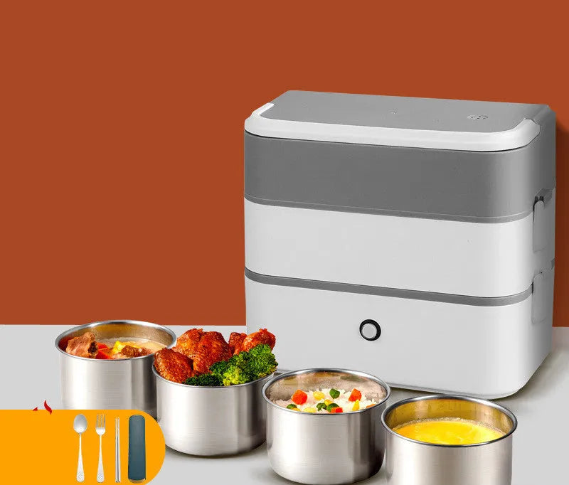 Double-layer portable heated lunch box with stainless steel liner in green, grey, or pink colour options