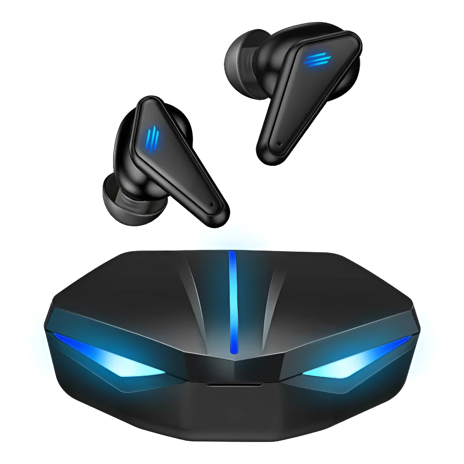 Blue K55 wireless Bluetooth gaming earbuds with TWS binaural design on a solid background.